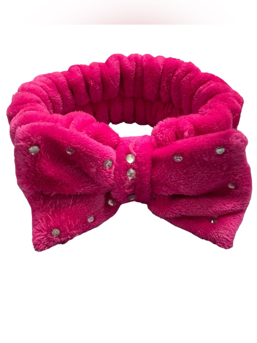 Hot Pink Plush Bow Spa Headband Rhinestone Makeup Head Wrap